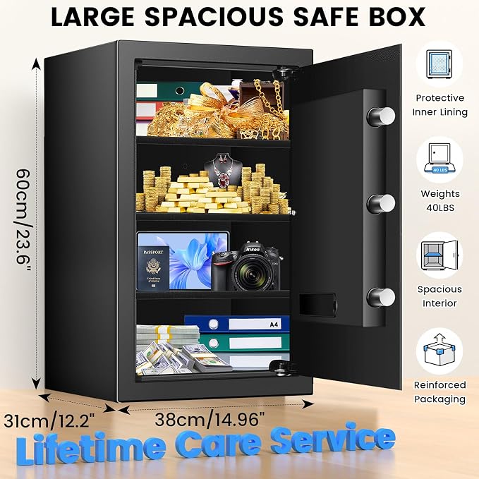 [23.6" Tall]Large Home Safe, 𝟒.𝟔 𝐂𝐮𝐟𝐭 Safe Box with Fireproof Waterproof Bag, Security Safes for Home with Programmable Keypad Keys, Smart Alert, Mute Mode, Anti-theft Digital Safe fo Valuables
