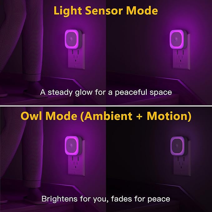 2 Pack Plug in Night Light with Motion Sensor & Dusk to Dawn Sensor, 3 Sensor Modes, Purple Night Lights Plug into Wall, Dimmable Calming Glow for Meditation, Relaxation, Bathroom, Bedroom