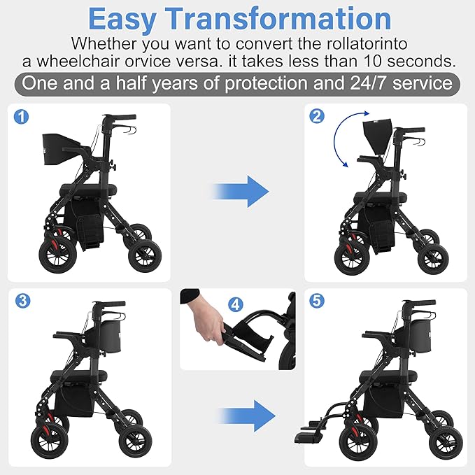 Rollator Walkers for Seniors with Seat, Walker Wheelchair Combo, 2 in 1 Rolling Walker Transport Wheelchair Lightweight Foldable, 10" Big Wheels Transport Chair with Brakes,Black