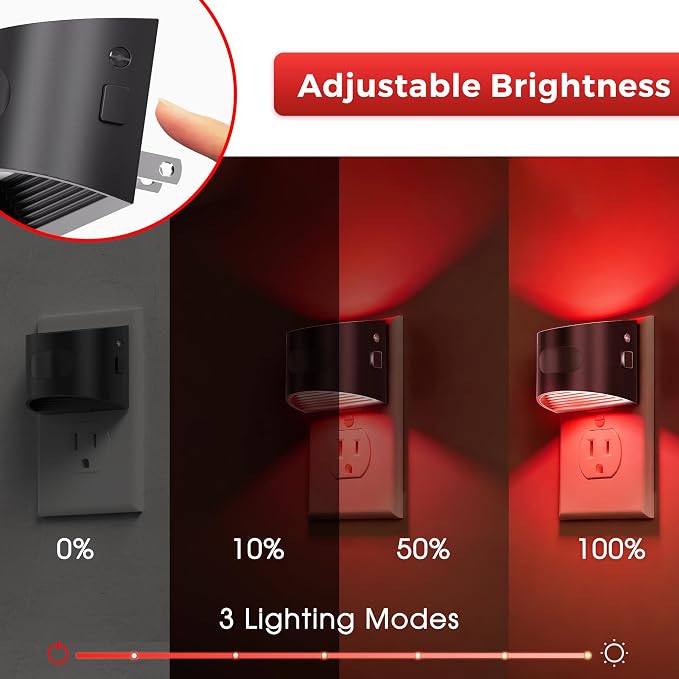 L LOHAS LED Motion Sensor Night Light, Night Lights Plug into Wall, 2 Pack | Nightlight with Dusk to Dawn & Motion Detection Sensor, 30-100Lm Adjustable Brightness, Red Light, Black Housing
