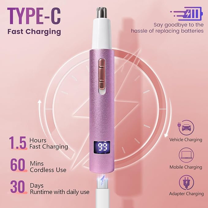 Nose & Ear Hair Trimmer for Women and Men, 2026 Painless USB Rechargeable Facial & Eyebrow Trimmer Clipper with LED Display for Easy Cleansing, Portable Grooming Kit,Gift Box Included (Pink)