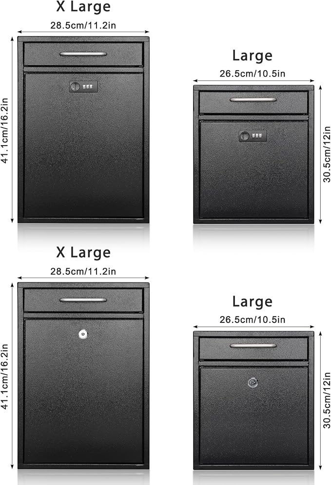 KYODOLED Steel Key Lock Mail Boxes for Outside, Locking Wall Mount Mailbox, Security Key Drop Box for Home, Office or Commercial, 12H x 10.5L x 4.6W Inches, Black Large