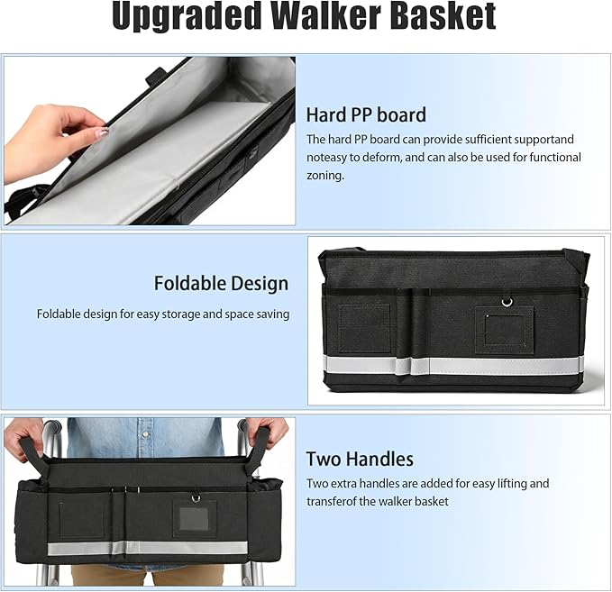 AMEDELE Walker Basket for Seniors With Cup Holder, Foldable Walker Bag with Large Capacity,Walker Accessories for Folding Walker-Not Fit for Rollator (Black)
