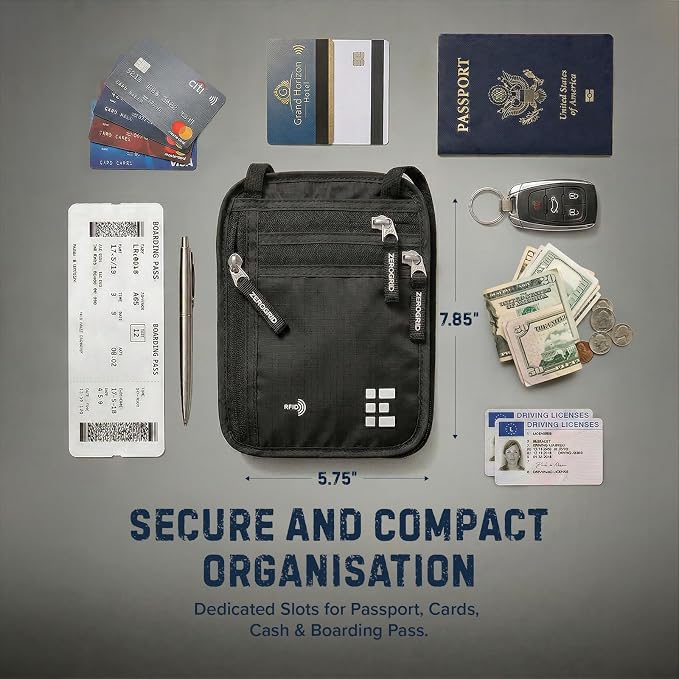 Zero Grid RFID Travel Neck Wallet, Large Passport Holder, Black | Slim & Concealable Travel Pouch for Men & Women; Holds Phone, Cash, Cards, Keys, Waterproof; 4 compartments; Adjustable Strap