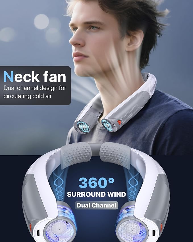 AaoLin Portable Neck Fan USB-C Rechargeable, with 6000mAh Battery, Hands-Free Personal Fan 6 Speeds, 6-20Hrs Cooling, Adjustable 11oz Lightweight, Neck Cooler for Outdoor Sports/Gym/Office