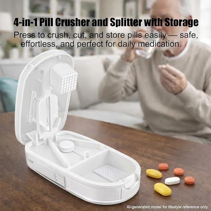 Pill Cutter and Splitter for Small and Large Pills, Vitamin Tablet Press Crusher, Pocket Pill Organizer with Safety Blade Guard, Portable Divider for Travel Use – White