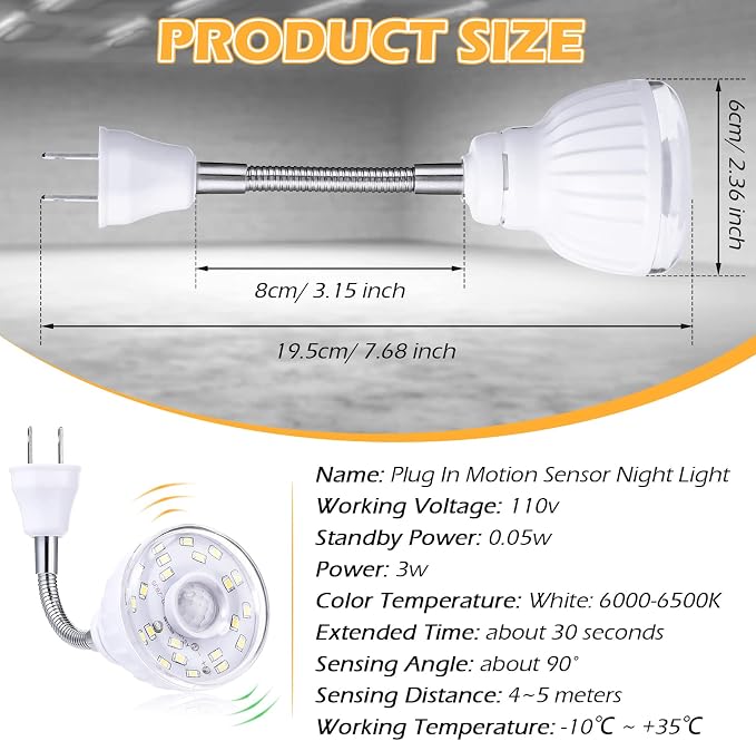 3 Pack Motion Activated LED Night Light Plug in Sensor Light,Cool White | PIR Infrared Sensor, Smart Dusk Dawn Motion Detector Lamp, Flexible Rotating, for Hallway Stairway Garage Basement