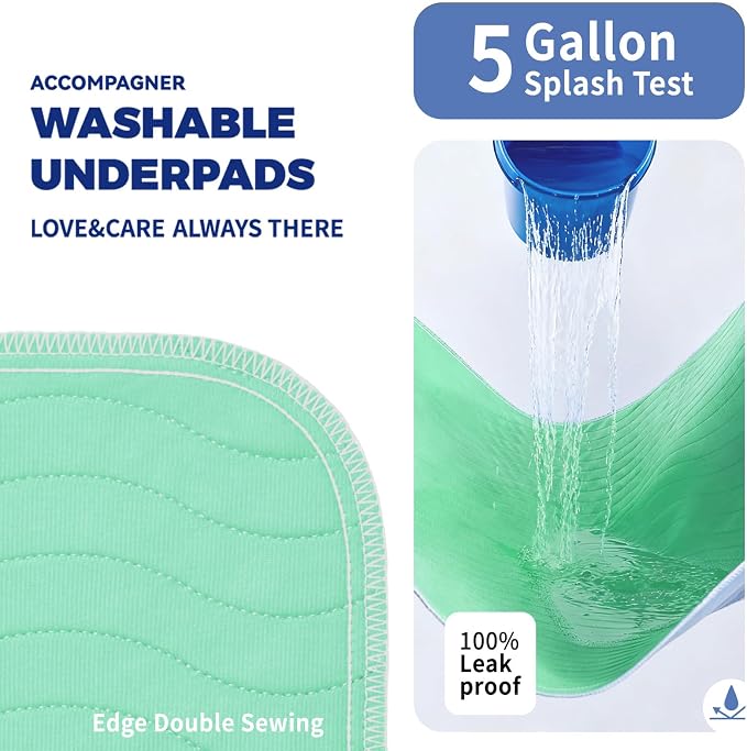 Accompagner Incontinence Bed Pads Washable Waterproof, Ultra-Absorbent Reusable Underpads for Diaper Changing, Nursing, Bedridden, Adults, Seniors, Kids and Dogs (Green, 36"x36"(Pack of 4))