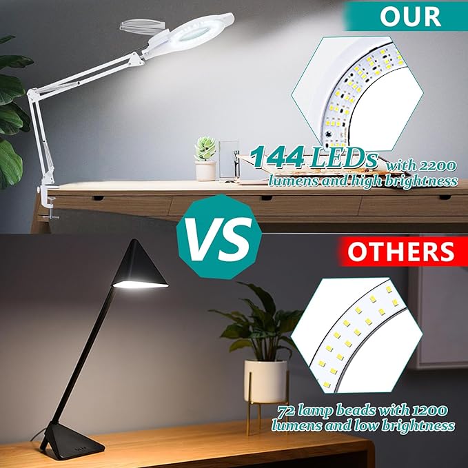 10X Magnifying Glass with Light, NUEYiO 2200 Lumens Stepless Dimmable Mangifier with Light, 4.2" Real Lens, Adjustable Metal Swing Arm Lighted Magnifying Lamp for Esthetician, Crafts, Close Work