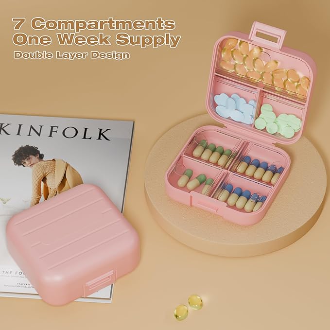 Small Travel Pill Box, Double Layer 7-Compartments Pill Organizer, Portable Weekly Pill Case Container for Pocket, 7 Day Compact Medicine Holder for Vitamins, Fish Oils, Supplements Pink