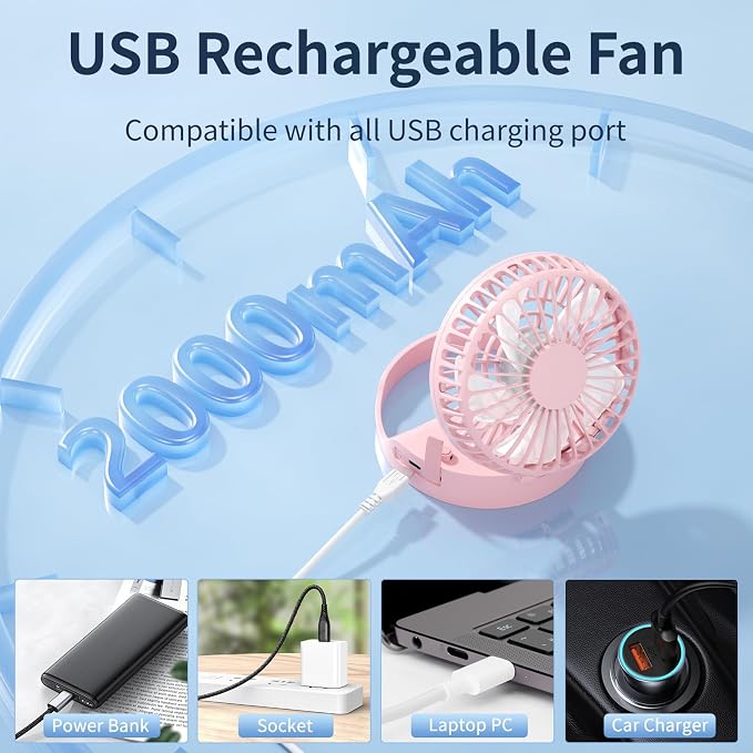 Handheld Mini Fan Rechargeable, Hands Free Necklace Fan, 3 IN 1 Hand Fan, Portable Small Pocket Fan with Magnetic Switch, Lanyard, Battery Operated