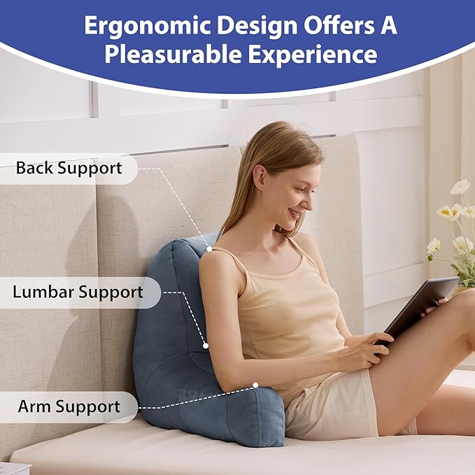 Reading Pillows for Sitting in Bed Adult, Back Pillow for Bed Sitting Up, Backrest Pillows with Shredded Foam for Adult&Teens, Support Pillow with Arms for Beds, Couch, Floor, 18in, Navy Blue