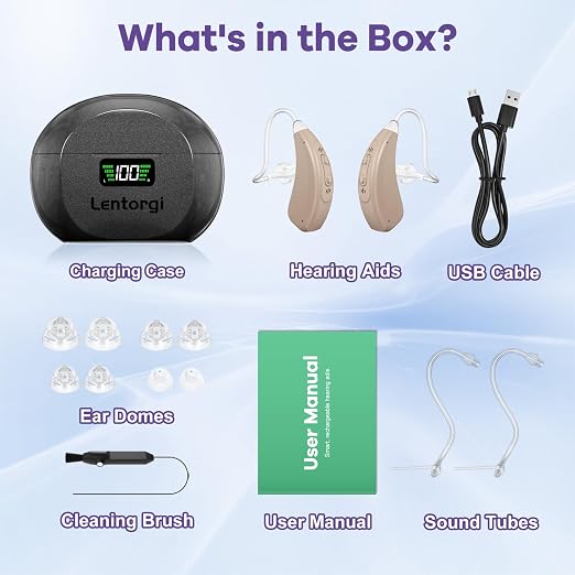 Hearing Aids with UV Cleaning Light, Rechargeable OTC Hearing Aids for Seniors and Adults, Noise Reduction, Battery Level Display, Premium Speech Clarity - Beige