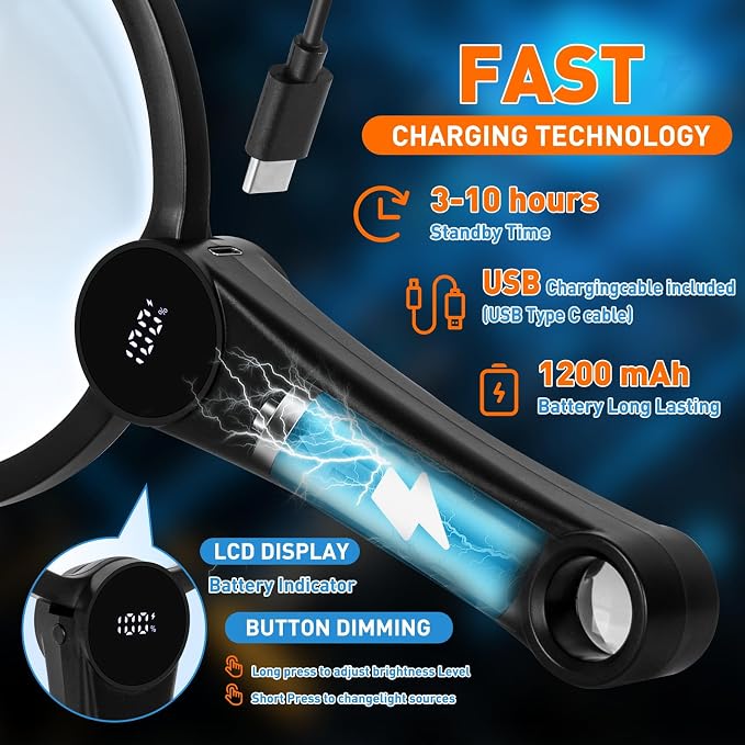15X 30X 45X Rechargeable Magnifying Glass with Light(LCD Display) | Battery Level Indicator, 49 Anti-Flicker LEDs, 5.2" Large Handheld Magnifier for Seniors Reading Coin & Jewelry Inspection