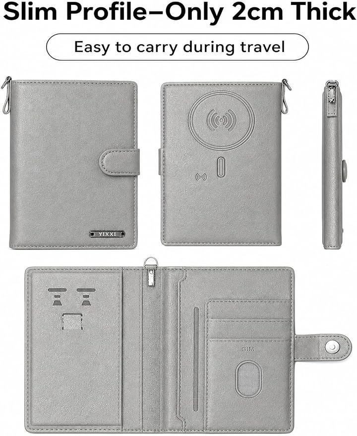 Trackable Passport Holder for Travel, RFID Blocking Wallet, Grey | Rechargeable PU leather cover works with Apple Find My and is Apple MFi certified; it includes card storage and a lanyard.