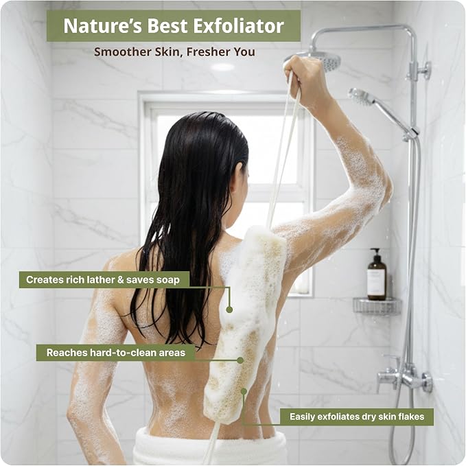Natural Loofah Exfoliating Back & Body Scrubber Set | 40" Natural Whole Loofah Back Scrubber with Handles for Deep Cleansing | 100% Plant-Based Eco Luffa Shower Sponges for Women & Men