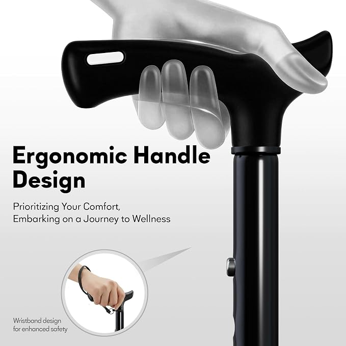Foldable Walking Cane for Men & Women, Lightweight Aluminum Adjustable Cane with Ergonomic Handle, Non-Slip Rubber Base, Walking Sticks for Seniors Balance,Collapsible Cane for Assistance Travel