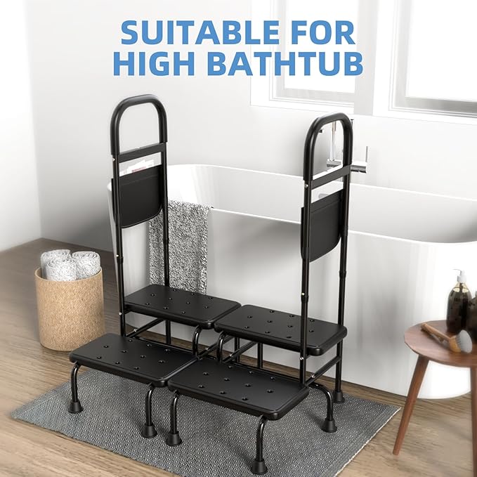 2 Step Stool with Handle for Elderly Heavy Duty Bed Steps for High Beds for Adults Two Step Stools for Seniors with Adjustable Handrail Non-Skid Platform LED Light Foot Stool for Kitchen Room (Black)