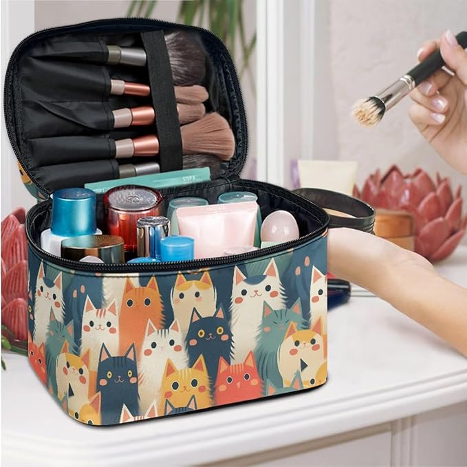 Kawaii Kitty Cats Large Makeup Bag Women Cosmetic Bags for Purse, Cartoon Colorful Cat Print Toiletry Bag for Women, Dopp Kit for Toiletries Accessories