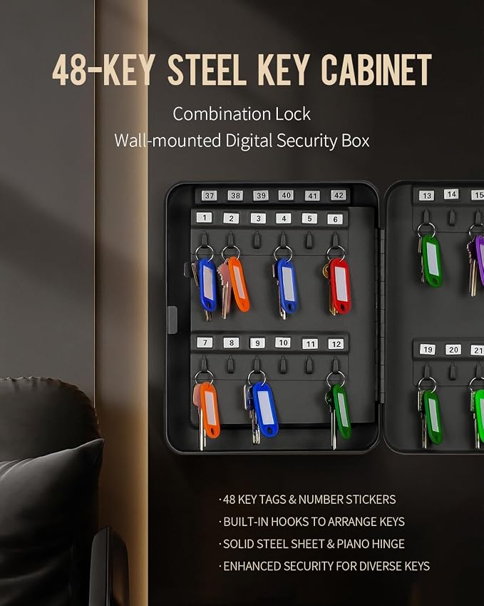 Uniclife 48 Position Key Cabinet with Combination Lock Resettable Black Digital Security Storage Box Steel Key Organizer with Colorful Key Tag Labels Stickers and Hooks