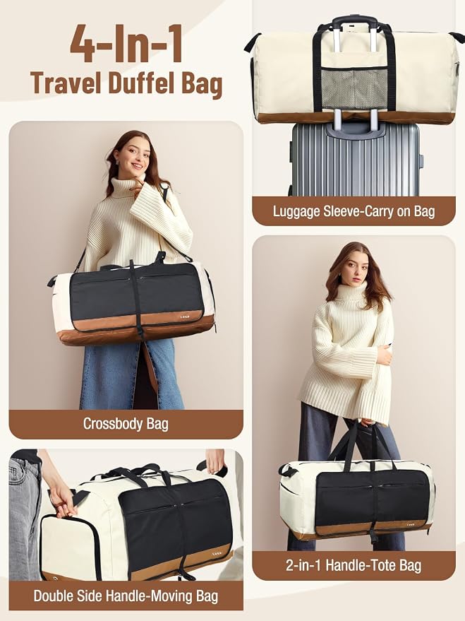 Lekesky Foldable Travel Duffle Bag for Women, Large Duffel Bag with Separate Shoes Compartments & Straps, Carry On Weekend Bag for Women, Hospital, Overnight (Camel & Brown, 80L)
