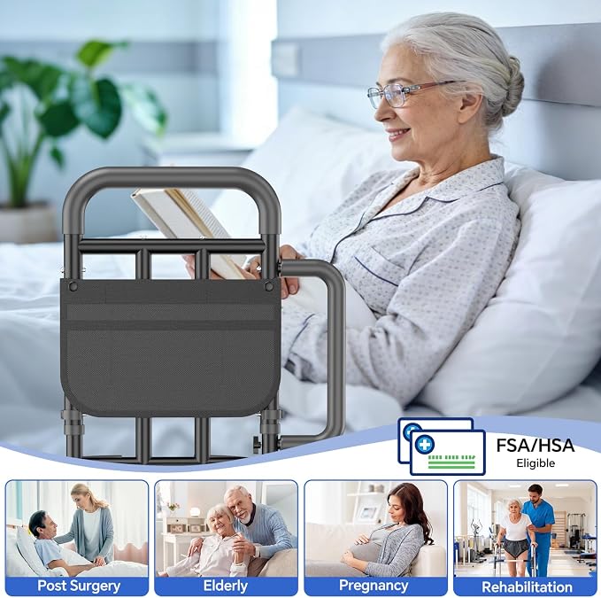 Bed Rails for Elderly Adults Safety with Non-Slip Handle，Adjustable Bed Assist Rail, ASTM Approved, 400 lb Capacity, Fixing Strap & Storage Pocket, Fits Twin/Full/Queen/King