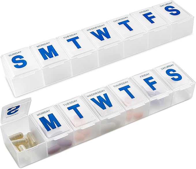 Weekly Pill Organizer - (Pack of 2) Extra Large Vitamin Container with Jumbo Easy to Read Letters, BPA Free - Daily Travel 7 Day Medication Pill Box Case