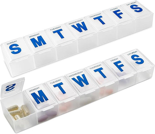 Weekly Pill Organizer - (Pack of 2) Extra Large Vitamin Container with Jumbo Easy to Read Letters, BPA Free - Daily Travel 7 Day Medication Pill Box Case
