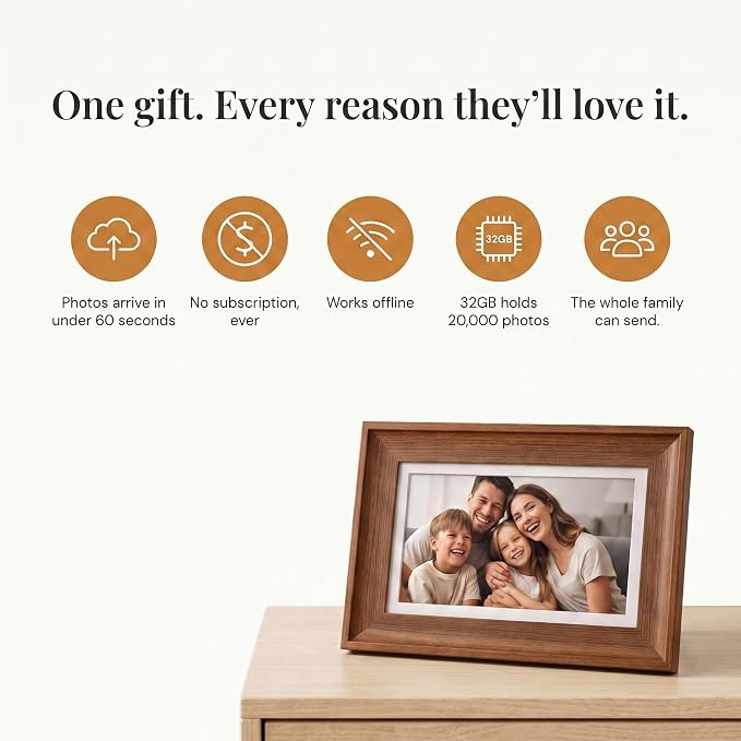 Heart Frame - 10.1 Inch WiFi Digital Picture Frame - Frameo App Sends Photos from Phone Anywhere in Seconds - 1280x800 IPS Touchscreen - 32GB Memory - Photo Gift for Mom Dad Wife Grandparents - Brown
