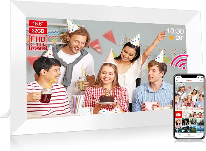 Digital Picture Frame 15.6 Inch Large Frameo Digital Photo Frame，32GB, 1920 * 1080 IPS HD Touch Screen, Electronic Picture Frame IPS Touch Screen with Auto-Rotate, Frameo Digital Frame WiFi(White)