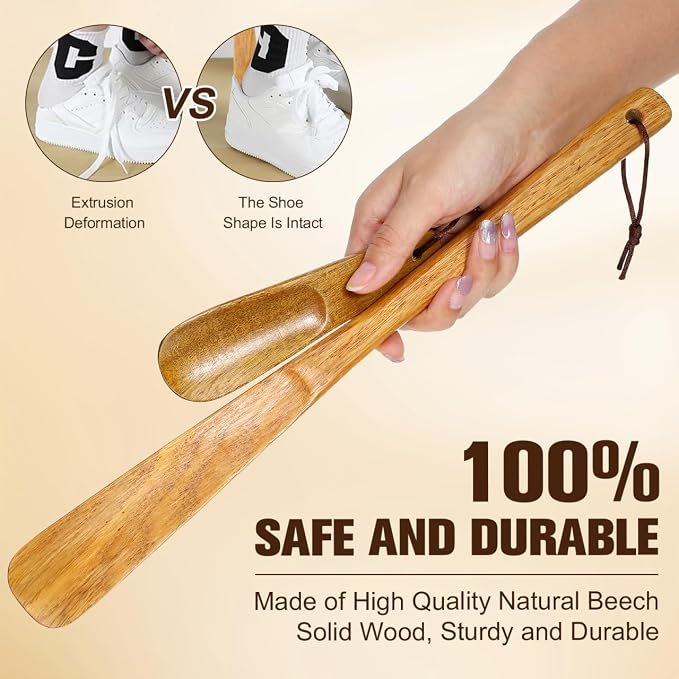 GLEAVI Wooden Shoe Horns 2-Pack Long and Short Handle Shoe Helpers for Seniors Men Women Portable Solid Wood Horn with Hanging Loop 15.74 & 6.30