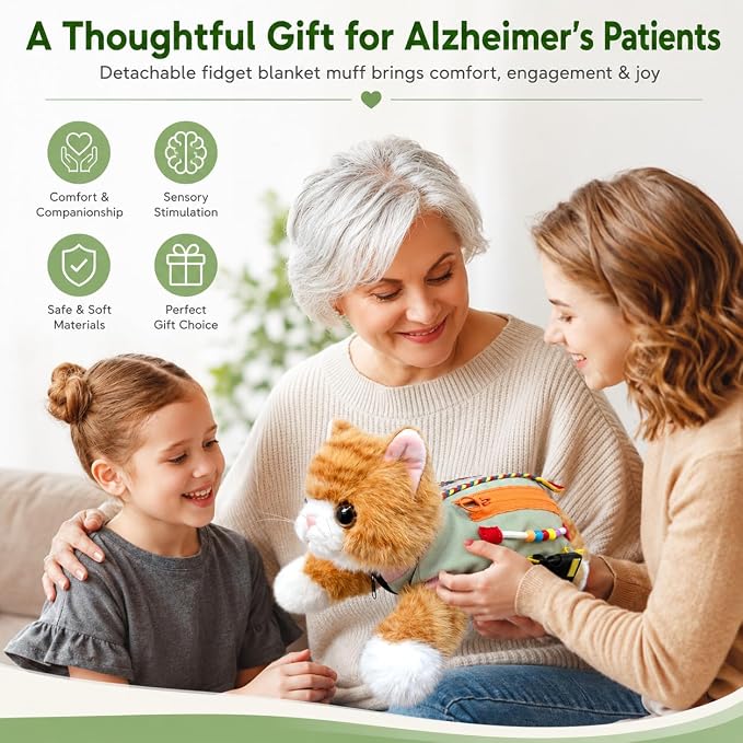 Fidget Blanket for Dementia, Fidget Cat Blanket for Elderly, Fidget Sensory Cat Blanket for Seniors with Alzheimer’s, Dementia Products for Elderly