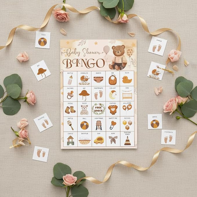 Baby Shower Bingo Game Cards Set for Guests Adults, Brown Bear Woodland Baby Shower Party Bingo Game Gender Reveal Bingo Game for Family Friends Large Group Activity, Favors Supplies Decorations