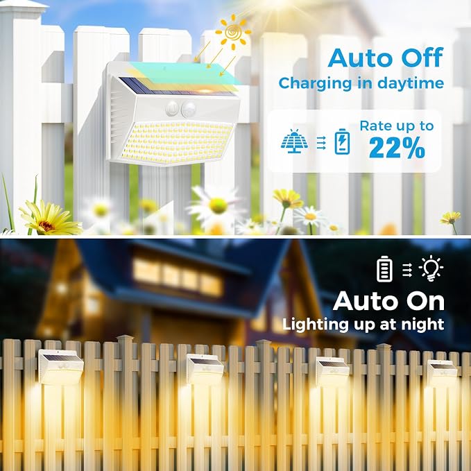 10 Pack Solar Motion Sensor Lights Outdoor Waterproof with 3 Modes | Warm White, White Frame, LED, Solar Powered, Security Lighting for Outside Wall Garden Fence Yard Deck Patio Garage