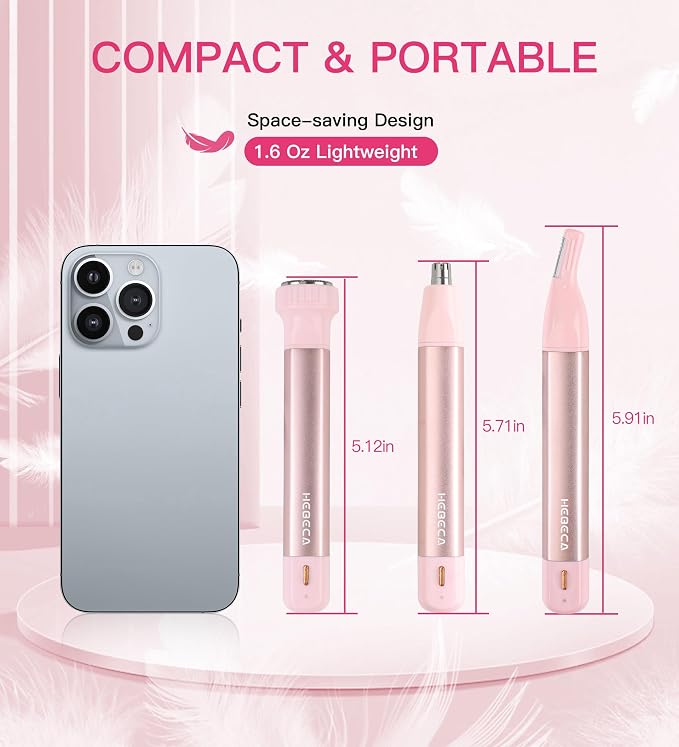 HEBECA Nose Hair Trimmer for Women 3in1 Facial Hair Removal Trimmers- Rechargeable, Waterproof, Portable with Travel Bag- Trims Nose, Ear, Eyebrow, Peach-Fuzz, Lips, Chin Face Hair Remover (Pink)