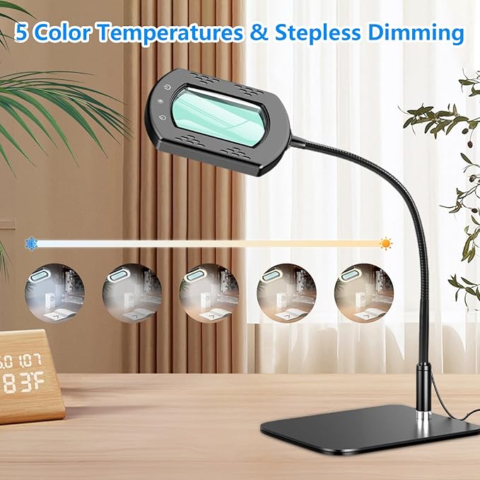 15X Large Magnifying Glass with Light and Clamp,5 Color Modes Stepless Dimmable,Lighted Magnifier with Stand Hands Free,Flexible Gooseneck Reading Magnifier for Seniors,Work, Craft,Reading
