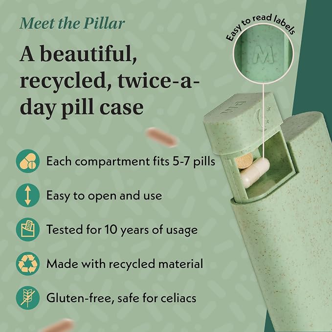 Pillar AM/PM Pill Box Organizer Two Times a Day | Aesthetic 7 Day Tablet Organizer 2 Times A Day | Beautiful Weekly Pill Box for Day and Night Medication (Sage Green)