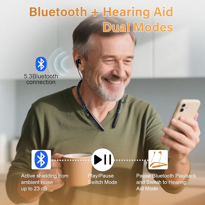 OTC Hearing Aids for Seniors, 55dB Gain Hearing Aids with Bluetooth Rechargeable 30H Battery Life, AI Smart Noise Cancellation, Neckband Earphone Design Lightweight & Comfortable Wear