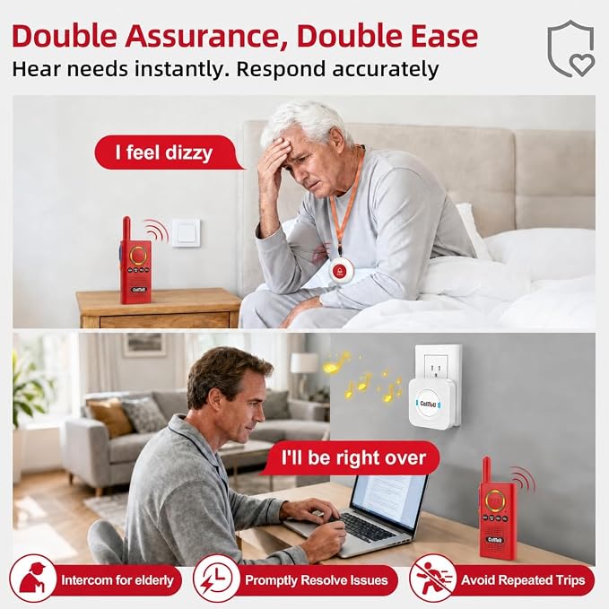 CallToU Caregiver Pager Wireless Alert Button Home Intercom System Long Range Red 2 Way Radio for Elderly/Patient/Pregnant/Home/Office