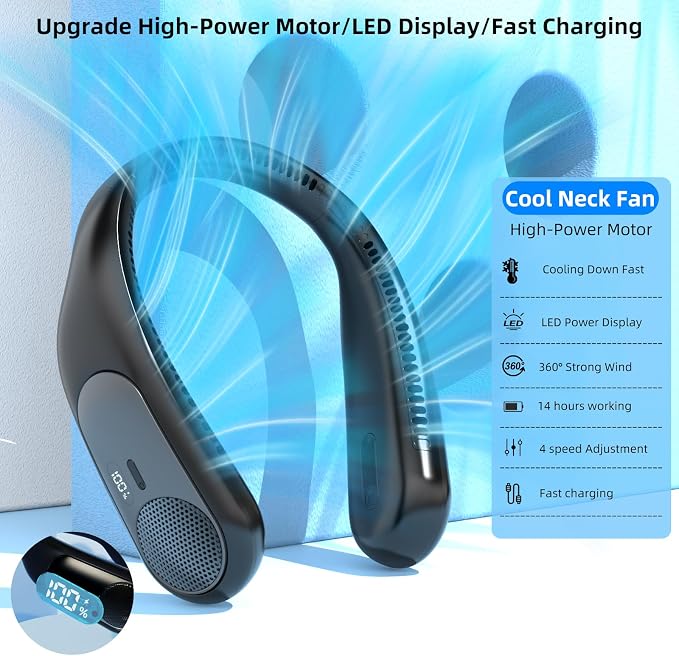 Portable Neck Fan, Personal Wearable Bladeless Fan for Outdoor Indoor, LED Display, 360° Cooling, 4-Speeds, 6000mAh USB Rechargeable, Birthday Gifts for Men Women Dad Mom (Black)