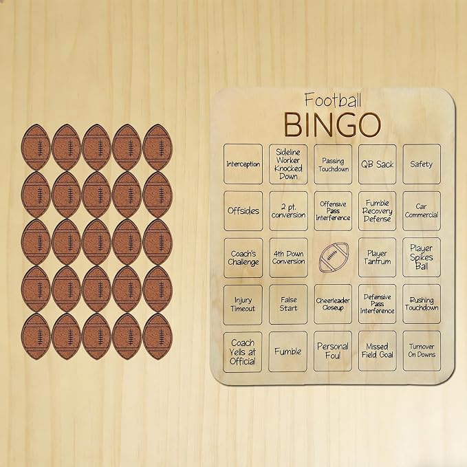 Sports Bingo Chess and Card Game, Baseball Football Bingo Wooden Board Bingo Ball Game Set 4.3 * 5.1 inches, Adult Party Edition(Football)