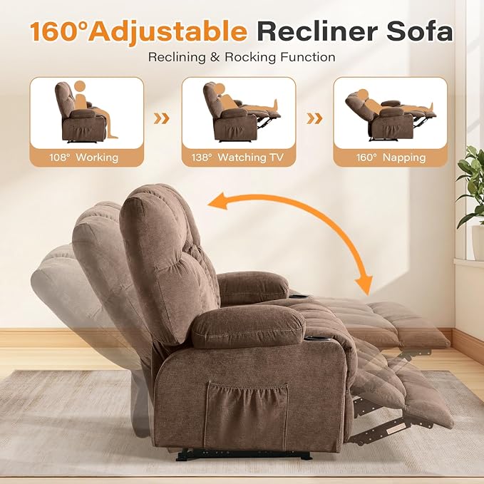 Oversized Fabric Reclining Loveseat Sofa for Living Room with Cup Holders | 2-seat recliner sofa with side pockets, padded seats and adjustable footrests for home theater, family room and relaxation