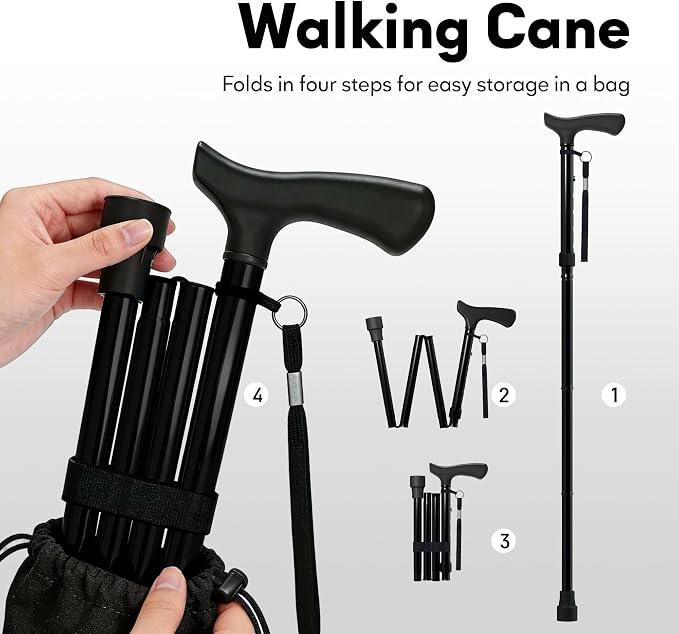 Foldable Walking Cane for Men & Women, Lightweight Aluminum Adjustable Cane with Ergonomic Handle, Non-Slip Rubber Base, Walking Sticks for Seniors Balance,Collapsible Cane for Assistance Travel