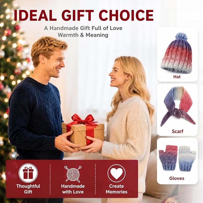 Kitcroet Knitting Kit for Beginners, Complete Learn to Knit Starter Kit with Scarf, Hat & Gloves, Video Tutorials & Written Instructions, 25% Extra Yarn, Knitting Set for Beginners, Amethyst Ombre