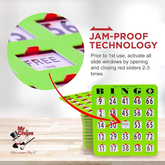 MR CHIPS Jam-Proof Easy-Read Large Print Fingertip Bingo Cards with Sliding Windows 200 Pack in Green Style