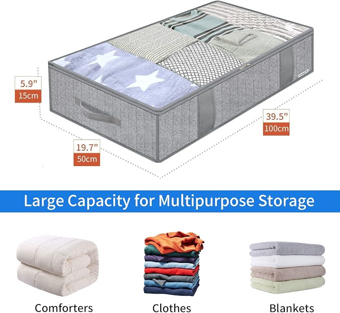 Onlyeasy Underbed Storage Bags Organizer, 4 Pack Large Capacity Under Bed Storage Containers with Reinforced Handles, Foldable Fabric Storage Bins with Clear Window, Herringbone Grey, 7MXRUBBP4