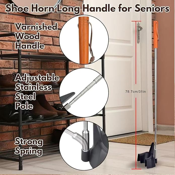 Zunate Long Handle Shoe Horn with 31 Inch Telescopic Rod, Stainless Steel Tool for Seniors and Pregnant Women to Assist in Putting on Sneakers and Dress Shoes