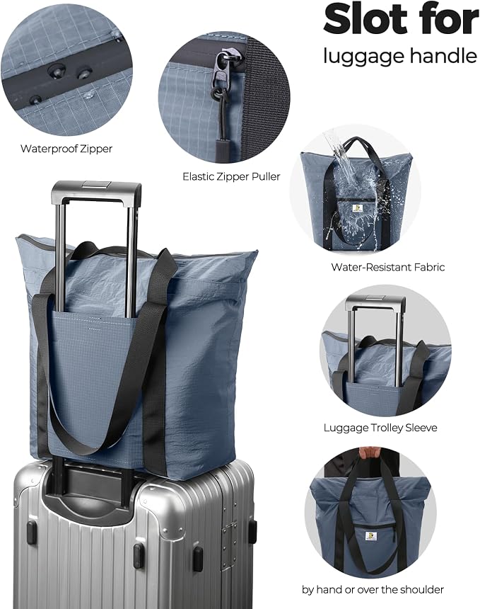 Foldable Travel Bag, 26L Lightweight Weekender Duffel, Expandable Second Carry-On Bag for Travel & Shopping, Water-Resistant Personal Item Bag, Mist Blue