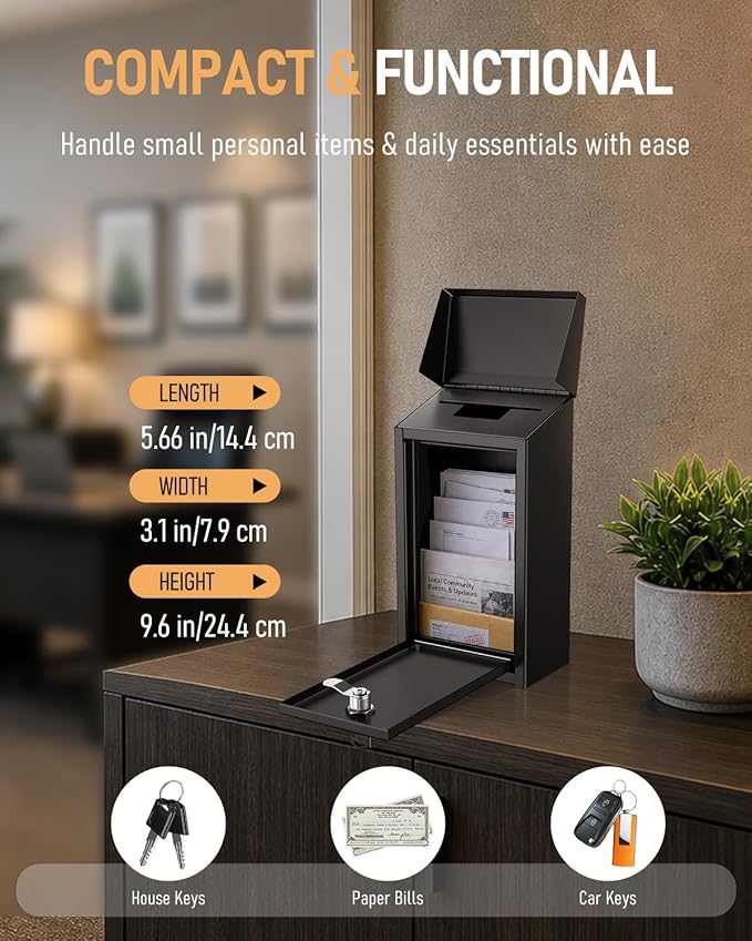 Uniclife Black Metal Donation Box, Wall Mounted Mailbox for Outside | Safe Suggestion Box with Key Lock, Steel Key Drop Box with Top Slot, Cash Box for Home Office and Business