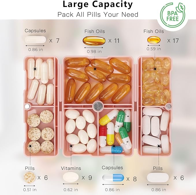 FYY Daily Pill Organizer, 7 Compartments Portable Pill Case Travel Pill Organizer,[Folding Design] Pill Box for Purse Pocket to Hold Vitamins,Cod Liver Oil,Supplements and Medication-Pink
